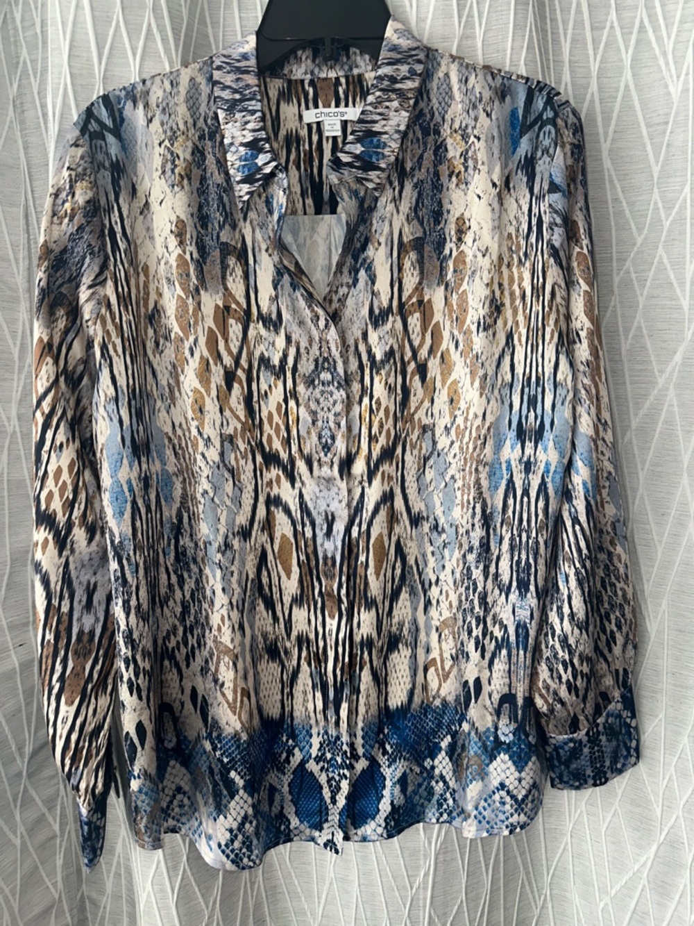 Chico's Blue, Brown and Cream Snake-Print Button Front Blouse